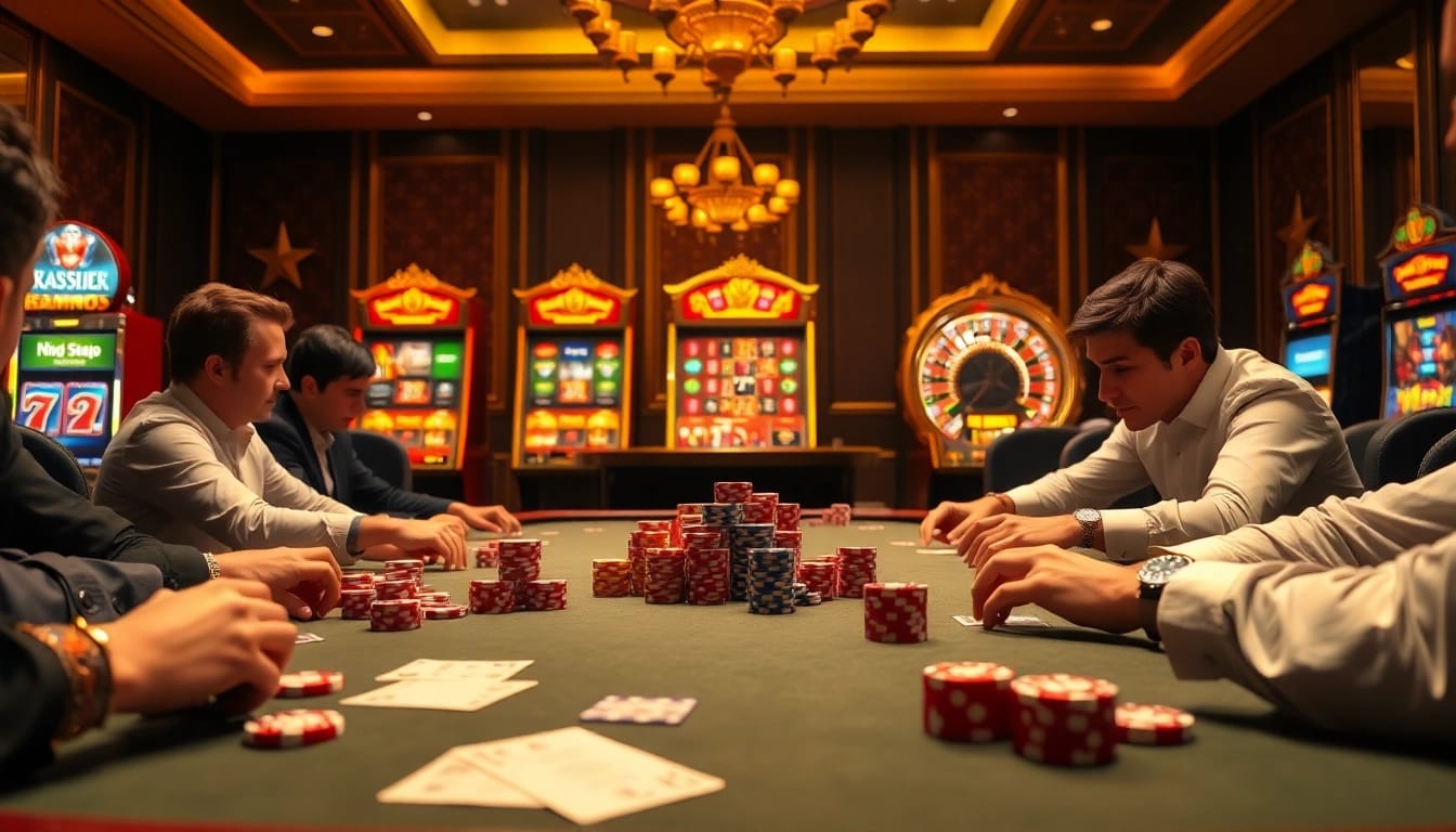 Vivez l'excitation du casino en ligne avec une partie de poker intense représentant des jetons haut de gamme et une roulette.