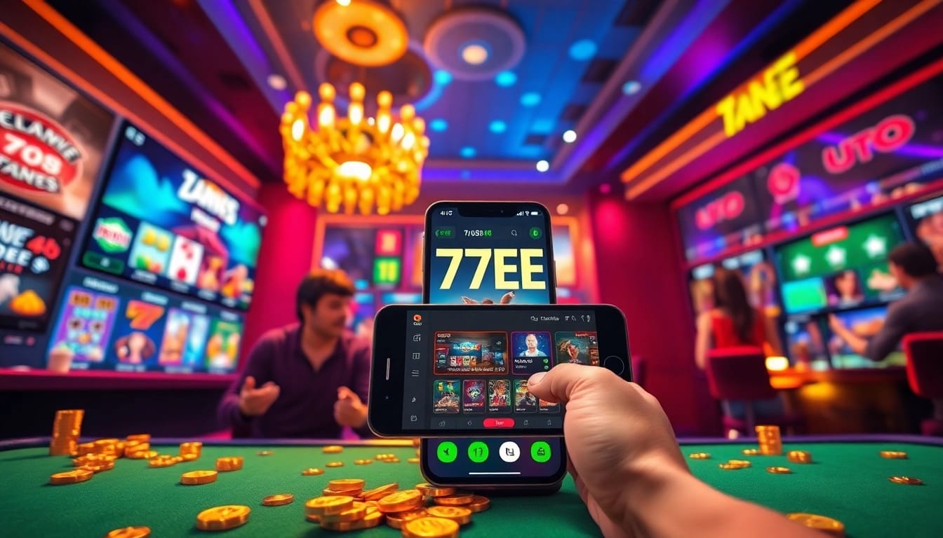Dynamic visual showcasing the 77EE online gambling platform with vibrant games and user interface.