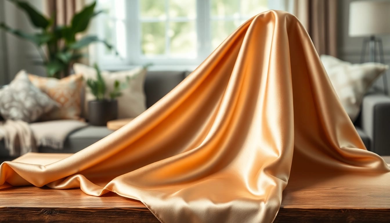 Satijn stof subtiel over een tafel gedrapeerd, met een glanzend oppervlak dat luxe uitstraalt.