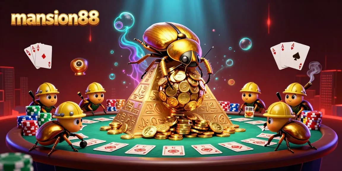 Experience the thrilling excitement at mansion88 with a dynamic 3D casino illustration of golden beetles and poker elements.