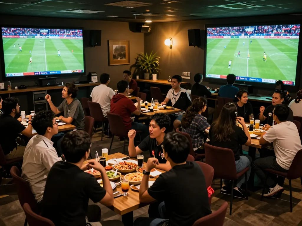 Cakhiatv live sports betting scene with excited fans watching a soccer match together.