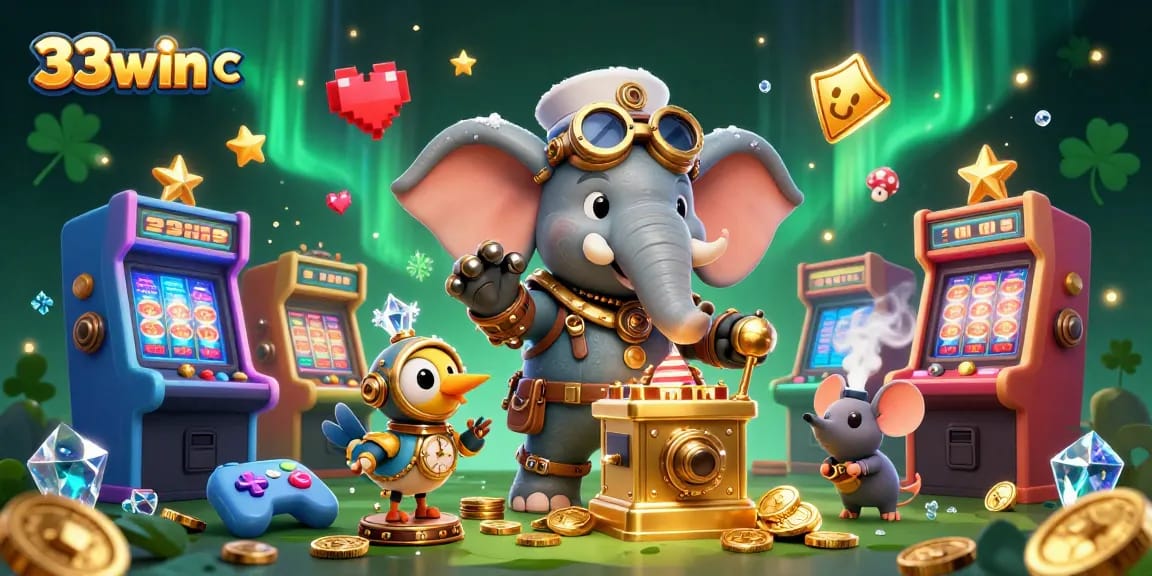 Experience thrilling wins at 33win c with vibrant slots and animated characters in a festive casino scene.