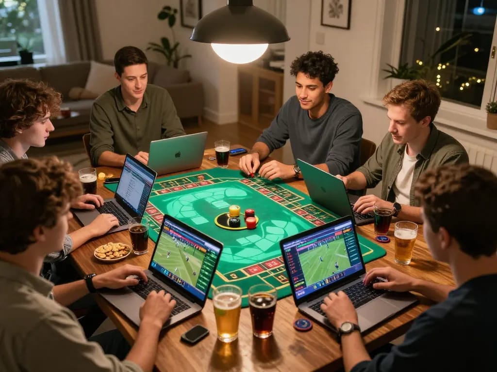 Kèo nhà cái sports betting session at home with friends placing bets and tracking odds on devices.