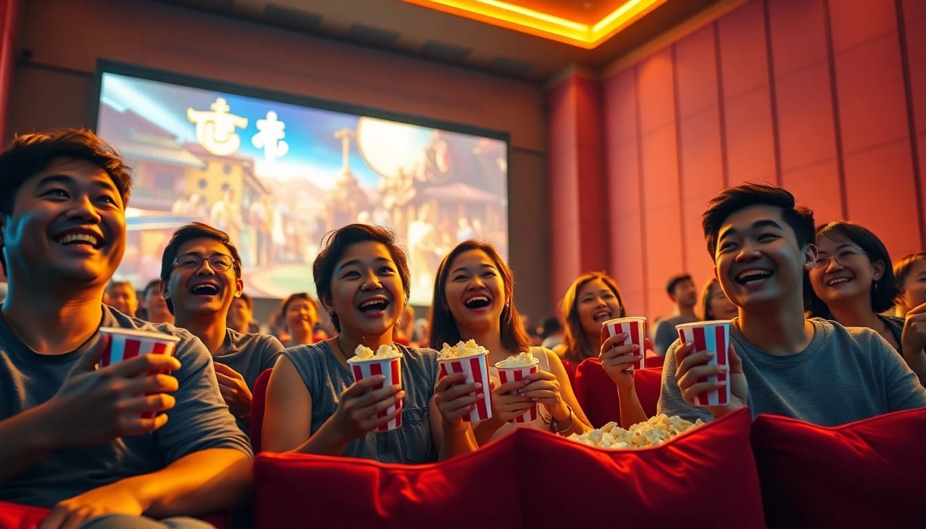 ดูหนัง ในโรงภาพยนตร์ที่มีผู้ชมสนุกสนานและเต็มไปด้วยความตื่นเต้น