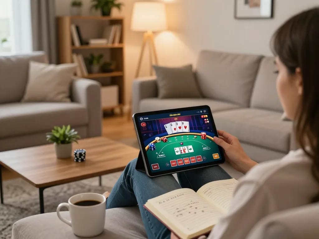 Person engaging with an online casino app, linking to Bet88 safely in a cozy home setting, showcasing strategic gameplay.