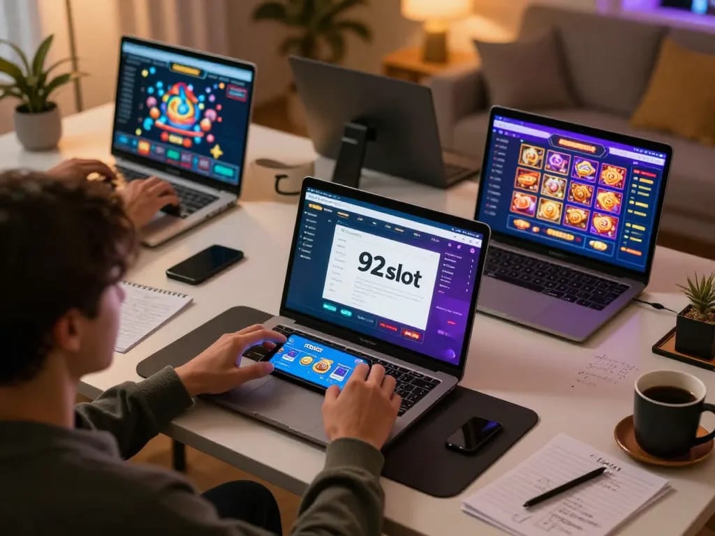 Person enjoying the immersive 92slot gaming experience on a mobile app, surrounded by strategy notes.