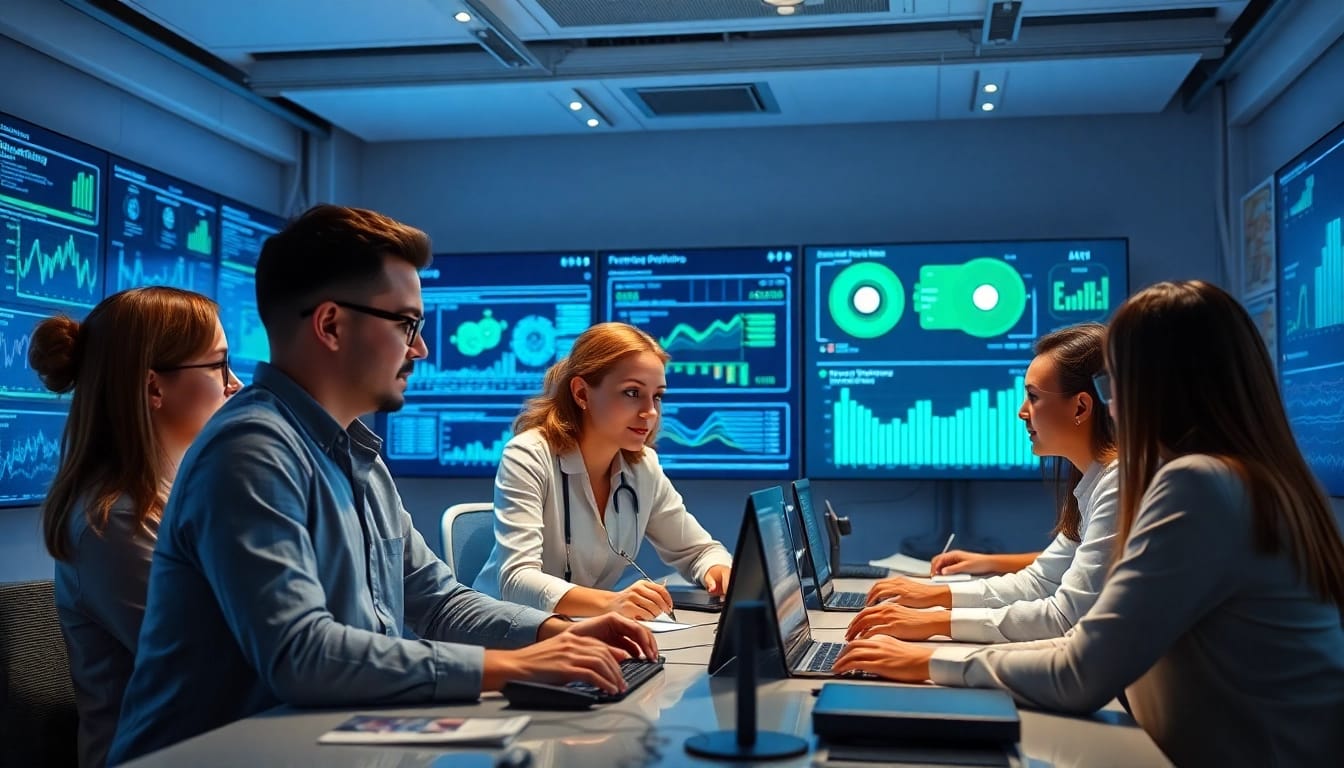 Dynamic team of professionals at an AI integration service provider collaborating over advanced technology interfaces.
