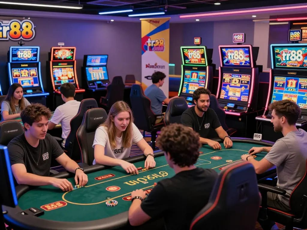 Players engaging in exciting games at tr88 com, showcasing a vibrant online casino atmosphere with modern gaming setups.