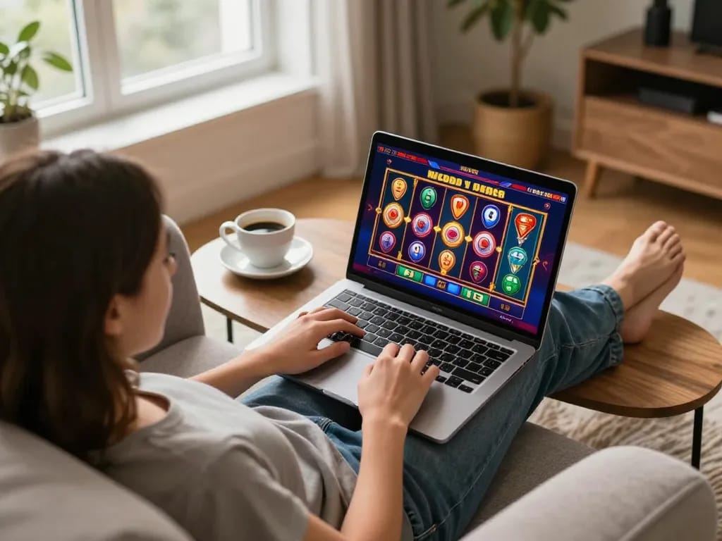 Engaging in online casinos Canada from a cozy home, showcasing a modern gaming setup with a laptop.