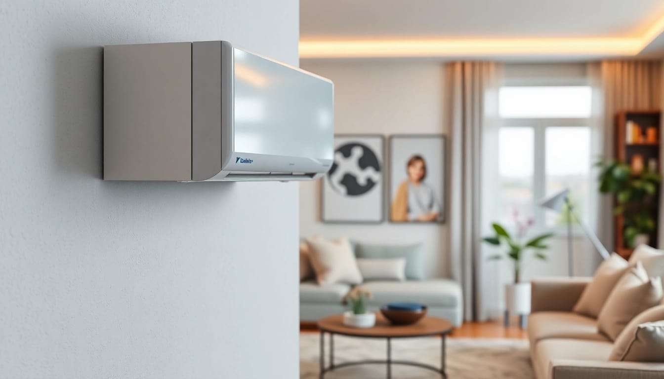 Installing a Daikin mini split AC in a modern living room setting with sleek decor.