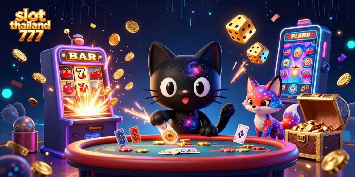 Experience slot thailand 777 fun with a cosmic cartoon cat and exciting casino elements.