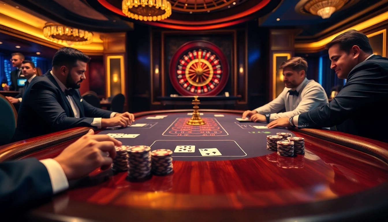 KPI4D poker players engaged in high-stakes action at a luxurious casino table