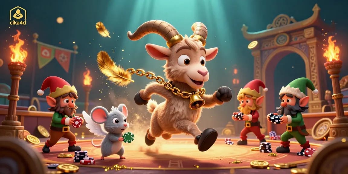 Cika4d offers a vibrant casino atmosphere in a dynamic scene featuring a mischievous Krampus goat and elf gremlins.