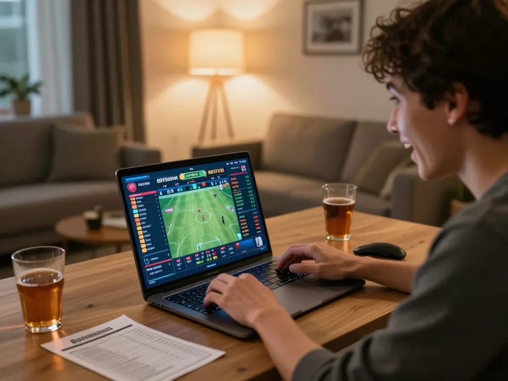 Engaging with the nhà cái 8xbet sports betting platform from a cozy home setup, placing bets and analyzing odds.