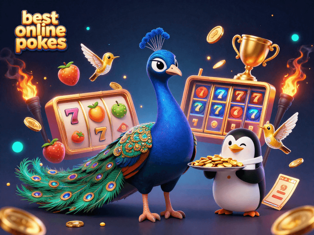 Engage with the best online pokies featuring a sparkling peacock, butler penguin, and dynamic slot elements.