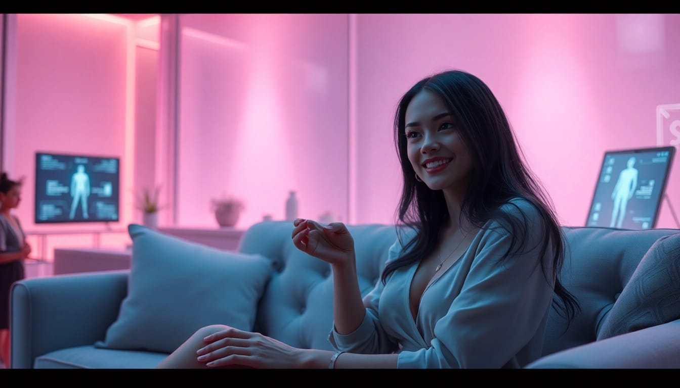 AI-generated scene illustrating a romantic chat with an NSFW AI character in a cozy, modern setting.