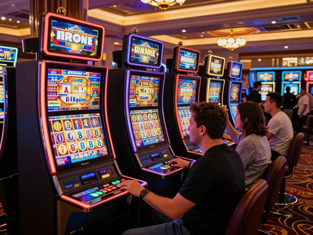 Players enjoying vibrant slot777 machines in a lively casino atmosphere with celebratory excitement.