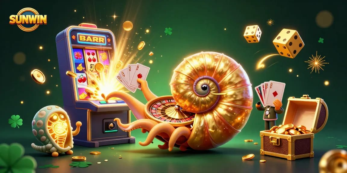 SUNWIN offers engaging casino experiences with a giant nautilus, glowing ammonites, and slot machines.