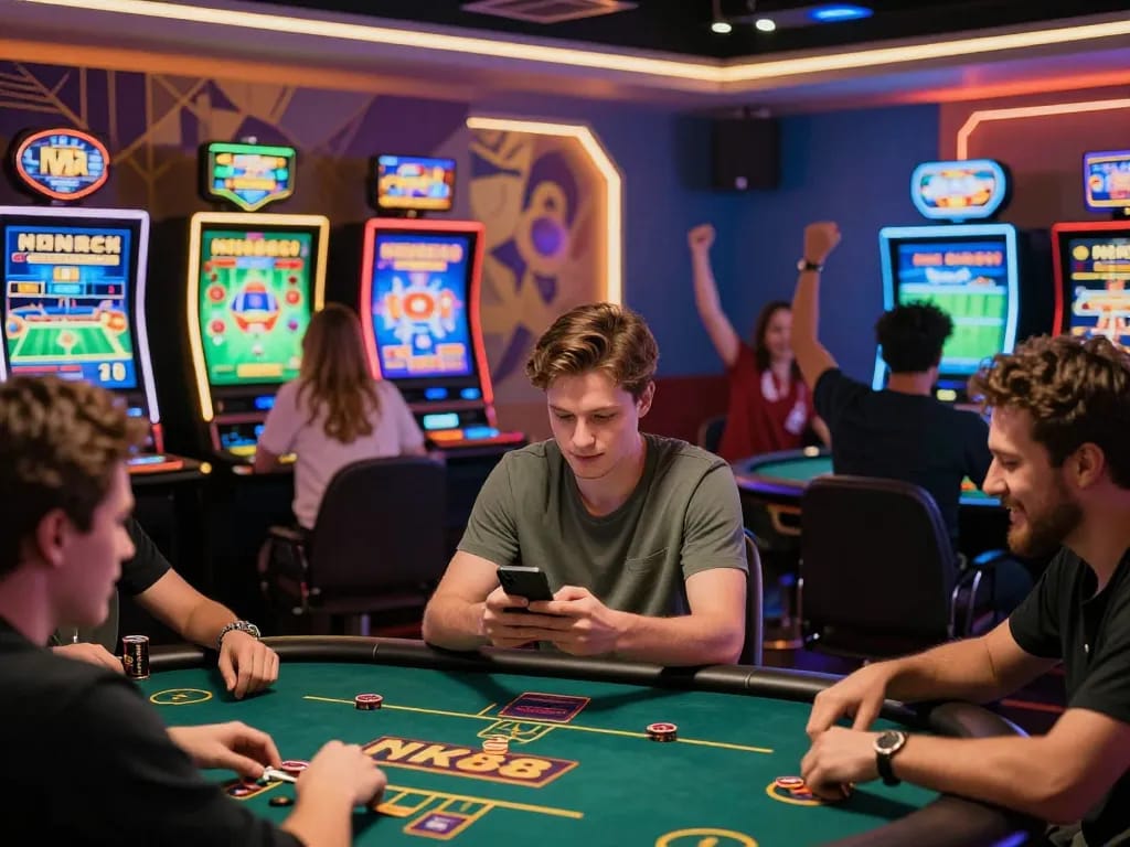 Engaged players on NK88 nhà cái platform enjoying diverse betting games and promotions in vibrant online casino atmosphere.