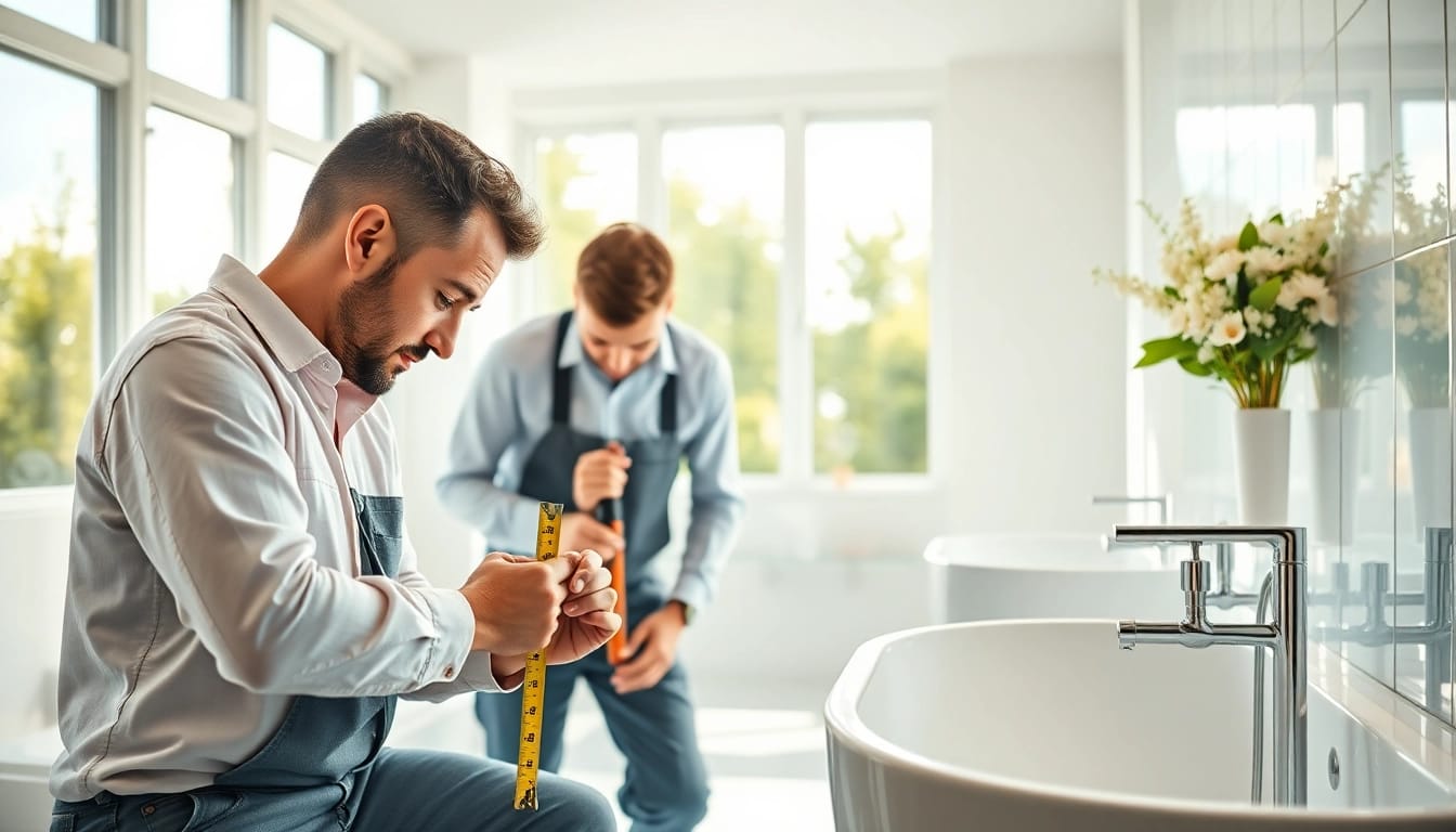Technicians from sonni sanitär GmbH installing fixtures in a stylish bathroom.