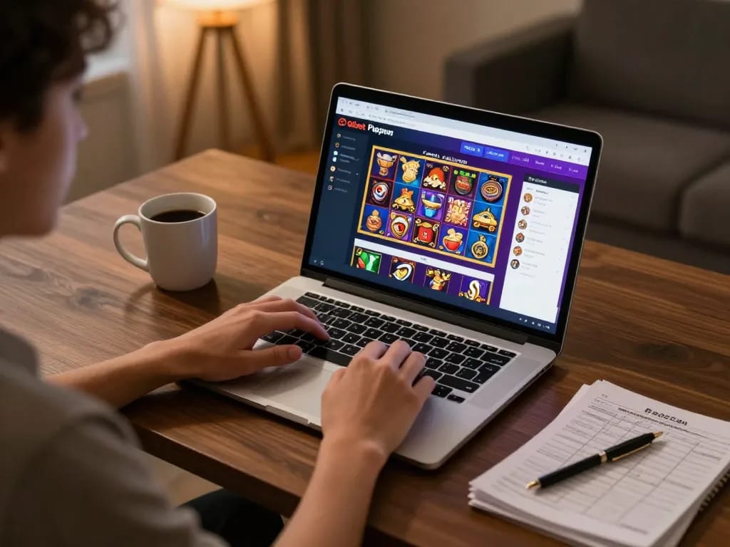 Dabet user enjoying online slot games on their laptop in a cozy home gaming setup