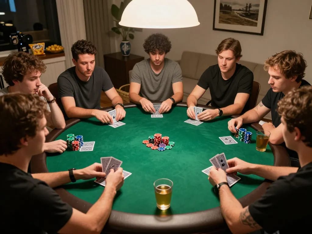 gcconsult players engaged in a strategic poker game with colorful chips and cards visible in a cozy home setting.