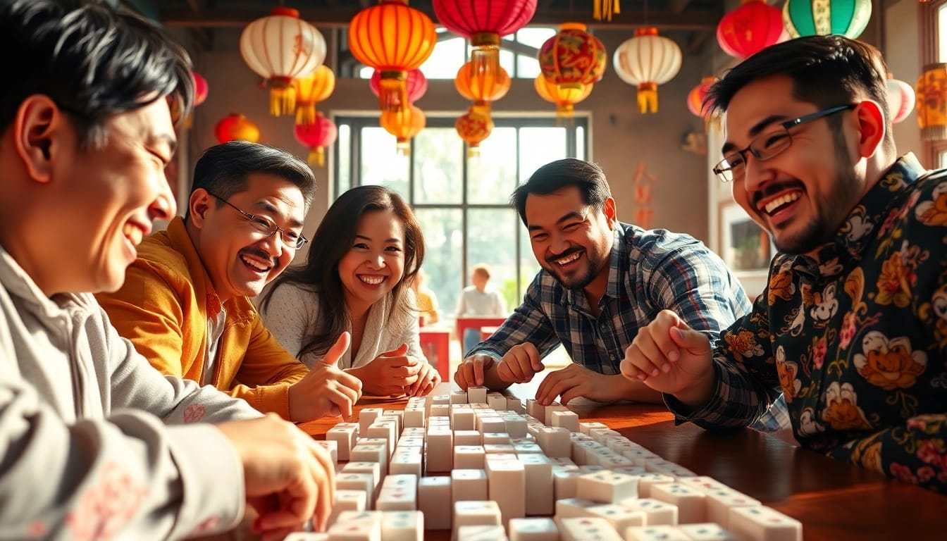 Aksi seru bermain demo mahjong dengan suasana ceria dan penuh warna.