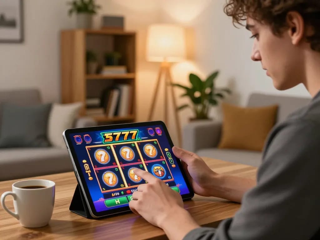 Engaging gameplay on slot77 app in a cozy home environment, highlighting online gambling excitement.