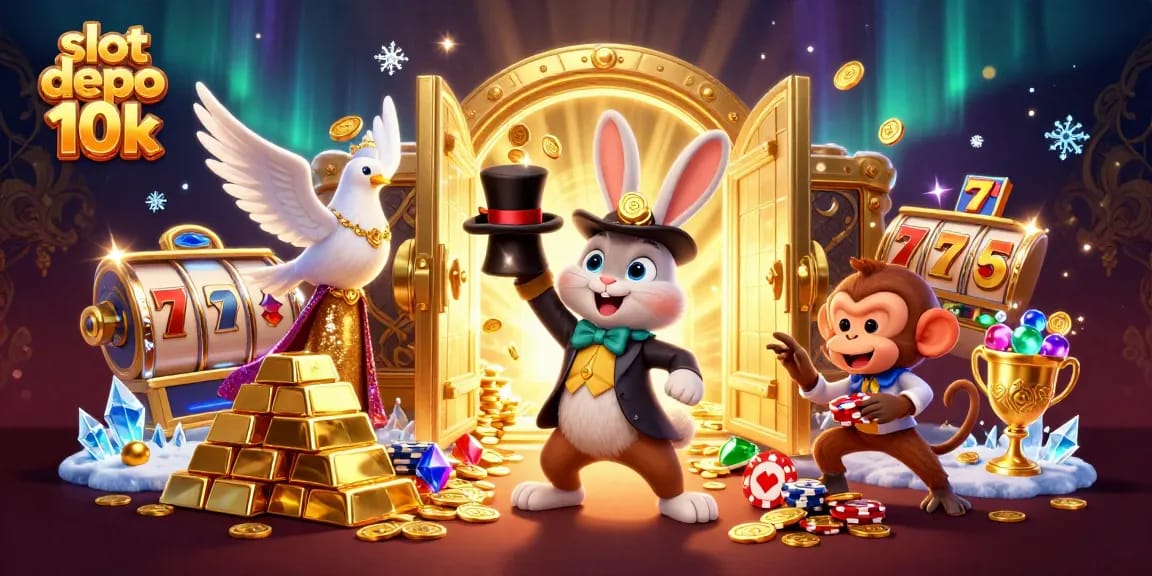 Spin and win with slot depo 10k showcasing a magician rabbit and treasure-filled vault.