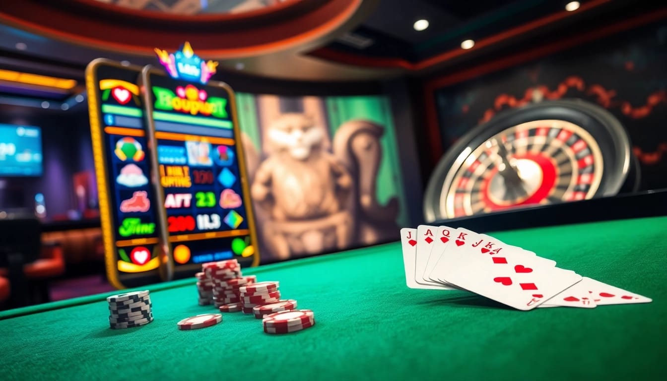 Engage with thrilling slot action at boosterjp with vibrant colors, poker chips, and roulette action.