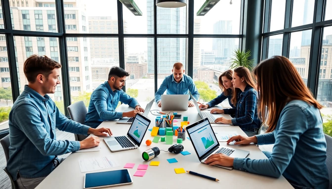 Engaged web designers essex collaborating in a bright, modern office environment.