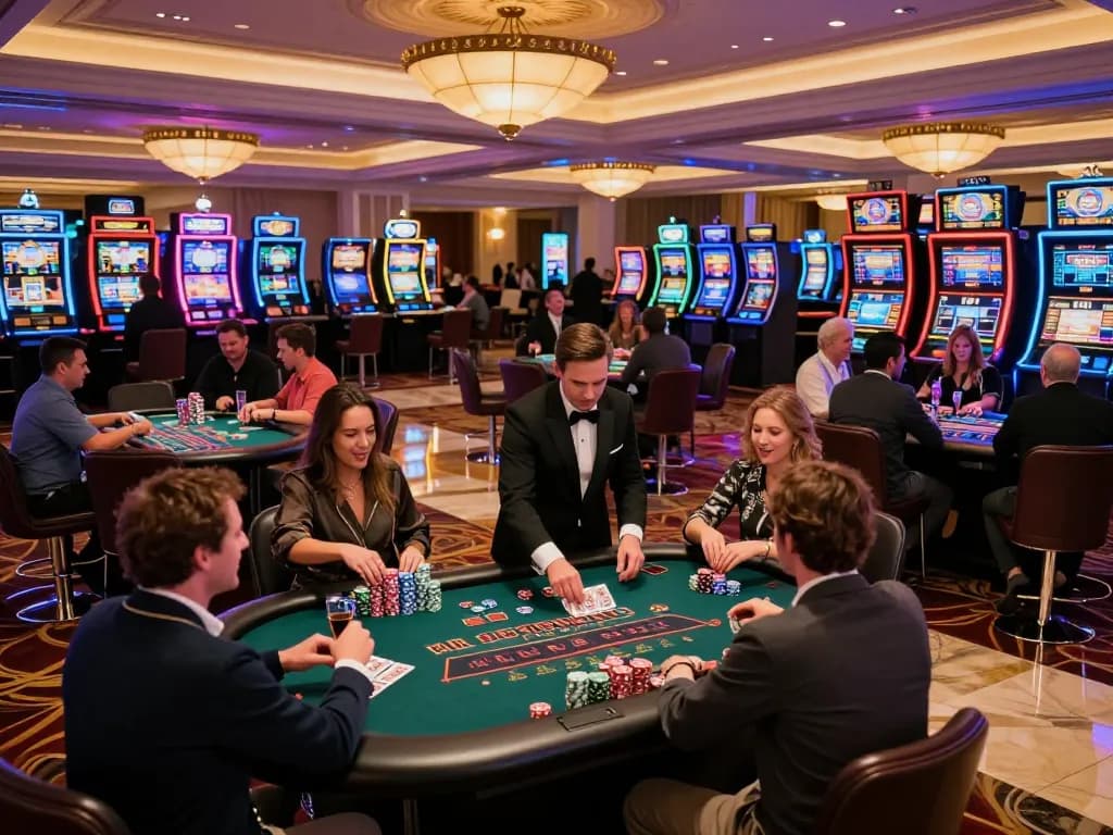 Engaged players celebrating wins at a blackjack table with giường bệnh nhân theme, vibrant casino atmosphere