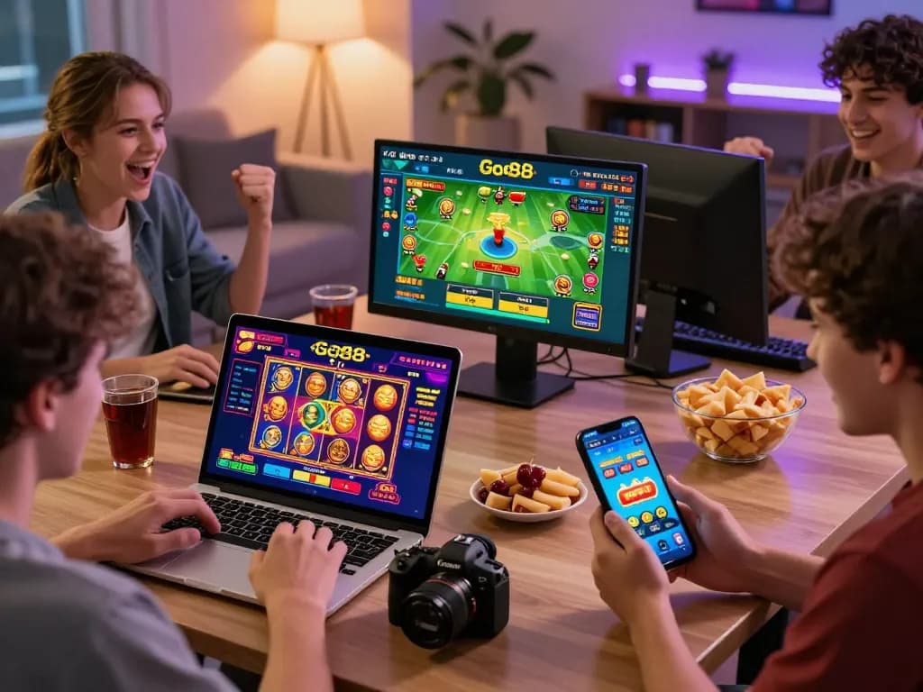 Engaged gamers enjoying the Go88 online gaming platform on multiple devices, showcasing excitement and community.