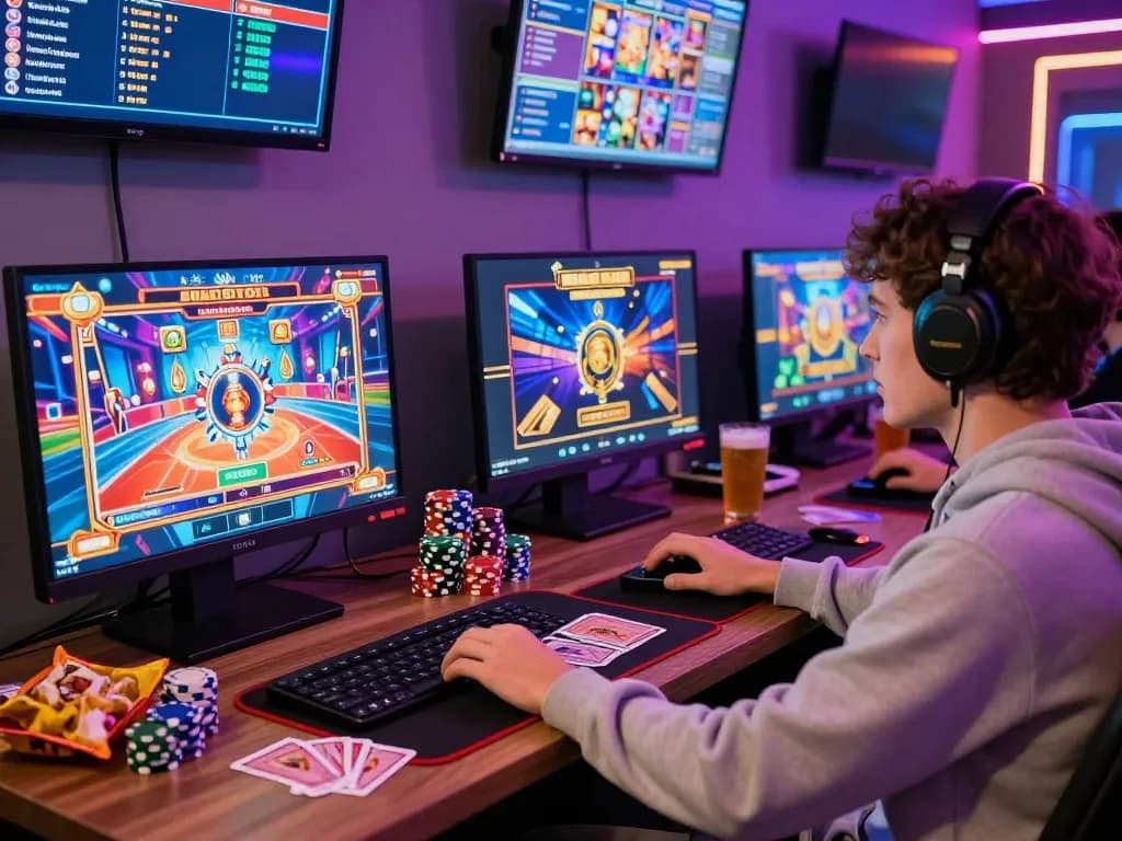 Temukan slot gacor hari ini dengan seorang gamer yang terjun ke dalam permainan slot online yang penuh warna dan visual yang menarik.