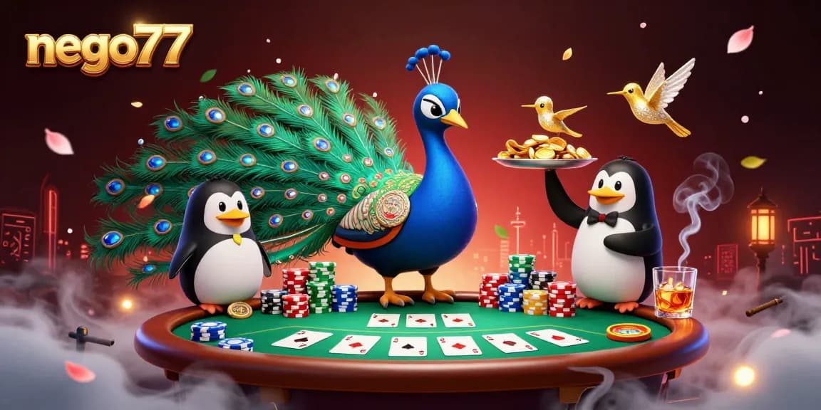 Engage in thrilling gameplay with nego77 at this vivid poker scene showcasing a majestic peacock, golden chips, and vibrant elements.