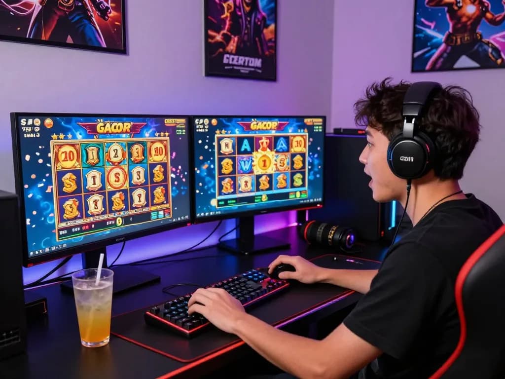 Player celebrating a win on slot gacor games at a modern gaming desk with vibrant screens and gaming accessories.