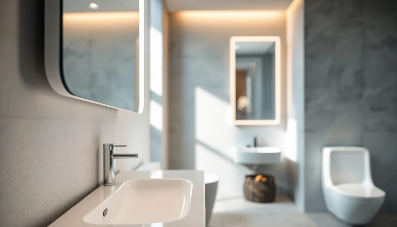 A stunning mirror light mirror enhancing a modern bathroom's elegant decor, reflecting warm ambiance.