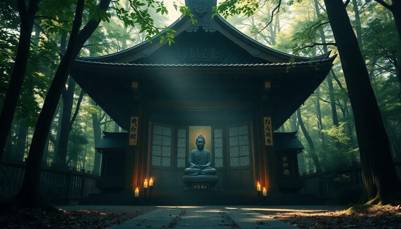 静かな日本の寺院に安置された即身仏像が、精神的な瞑想を体現している。