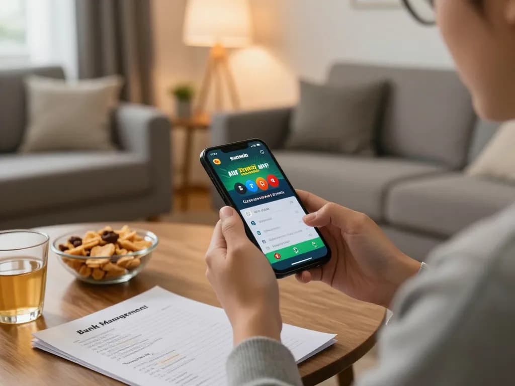 Playing sunwin mobile casino app while managing a bankroll in a cozy home setting.