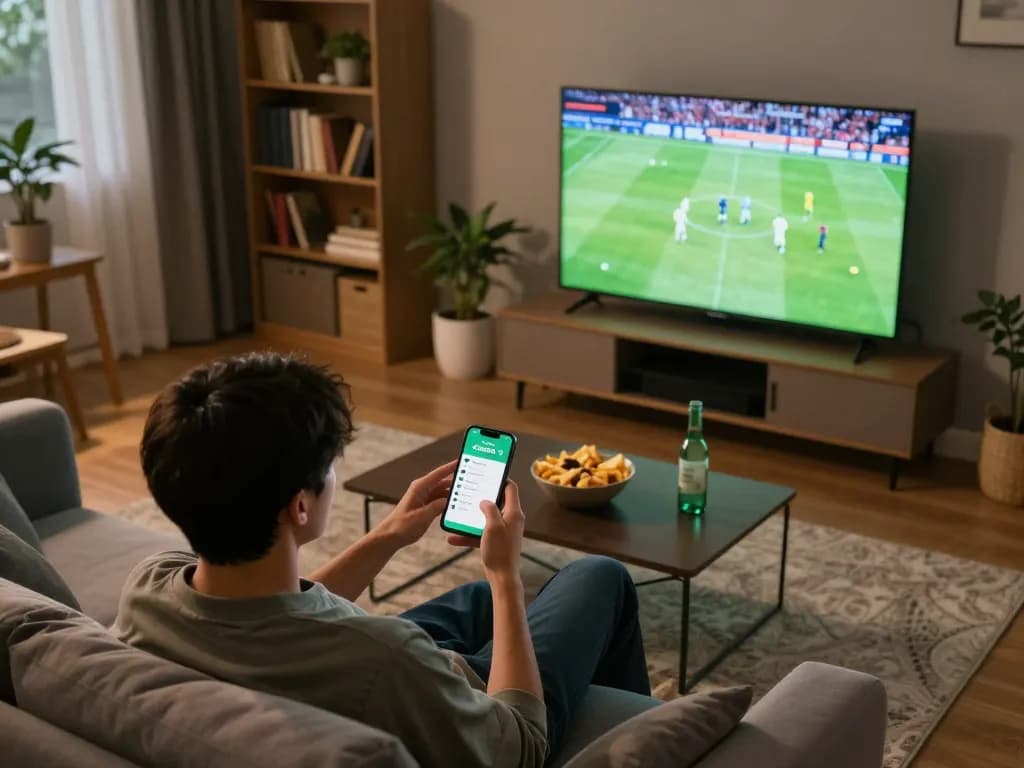 A person enjoying Cakhia TV sports betting app while watching football on TV.