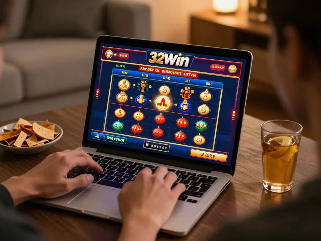 Playing on 32win casino site at home, enjoying online gaming experience with vibrant interface.