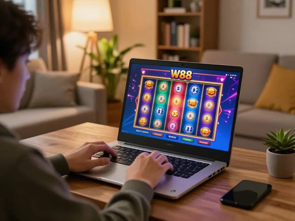 Player enjoying W 88 online gambling experience using laptop for strategic gameplay at home.
