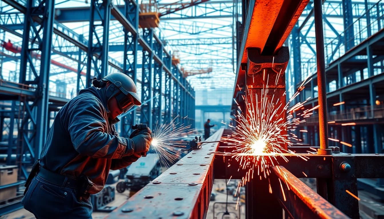 Skilled workers performing structural steel welding on a large framework at a construction site.