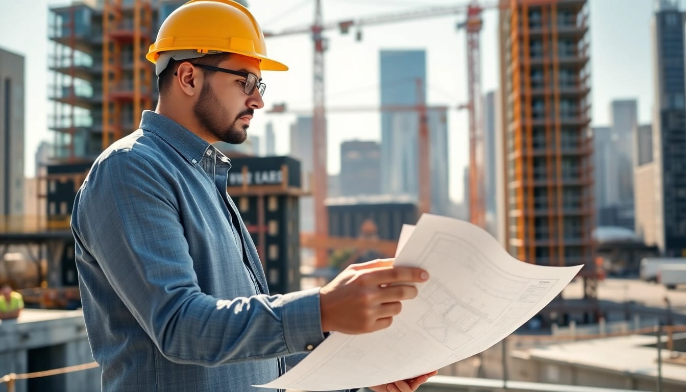 Manhattan Construction Manager examining blueprints at a busy construction site.