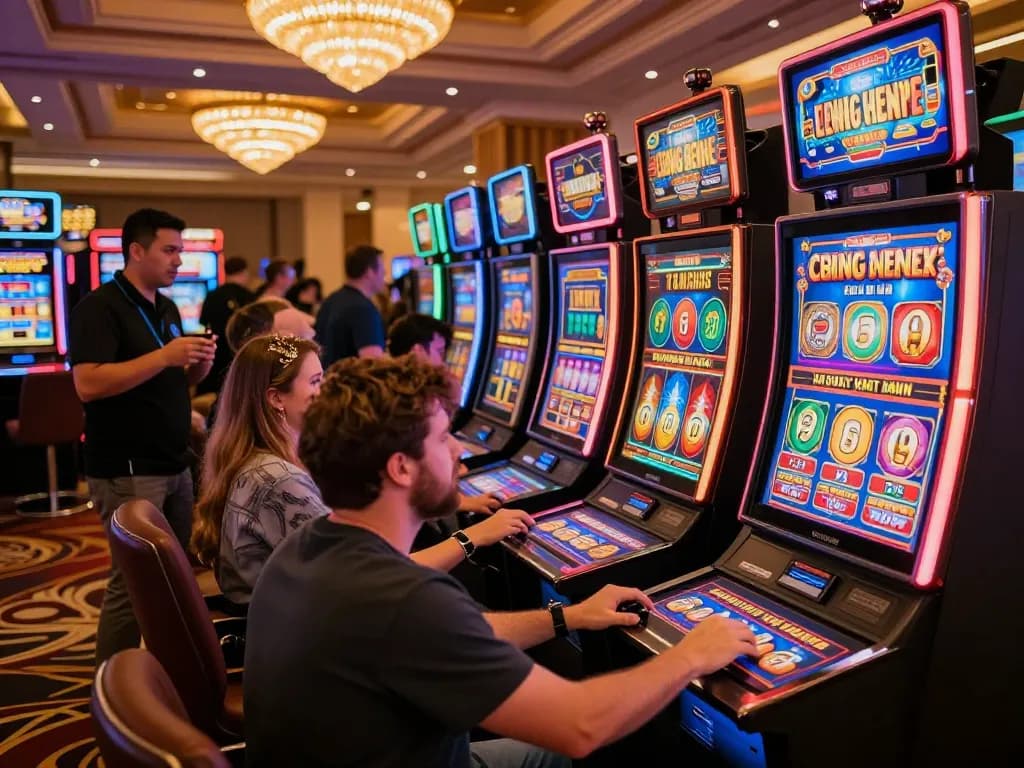 Players enjoying the excitement of a link slot machine in a vibrant casino atmosphere.