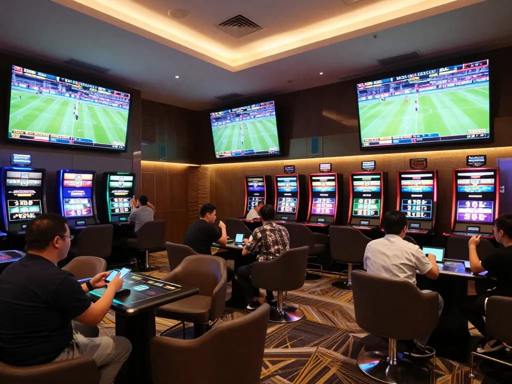 The lively sports betting scene at https://www.mnm88.com/ with bettors actively engaging on smartphones amid vibrant atmosphere.