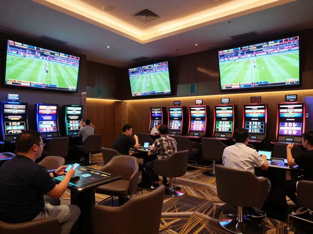 The lively sports betting scene at https://www.mnm88.com/ with bettors actively engaging on smartphones amid vibrant atmosphere.