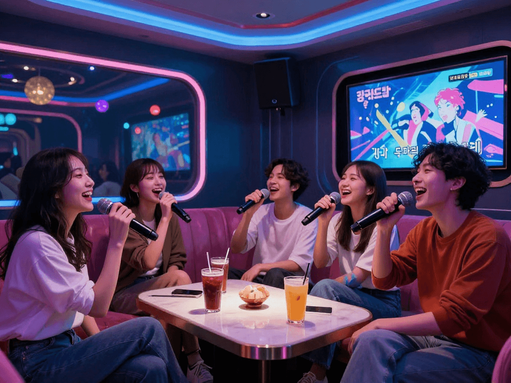 도파민 가라오케에서 친구들과 함께 노래를 부르는 즐거운 순간, 화려한 조명과 현대적인 인테리어가 돋보입니다.