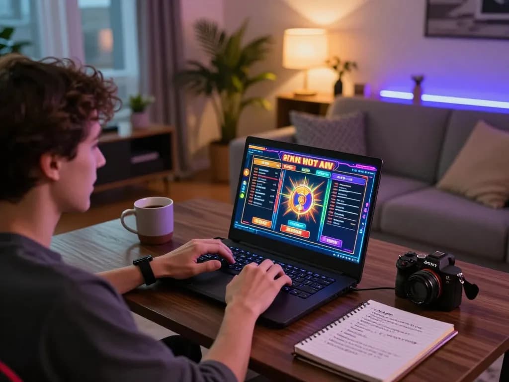 Player enjoying 678vip's online slots in a cozy home setup, showcasing strategic gaming.