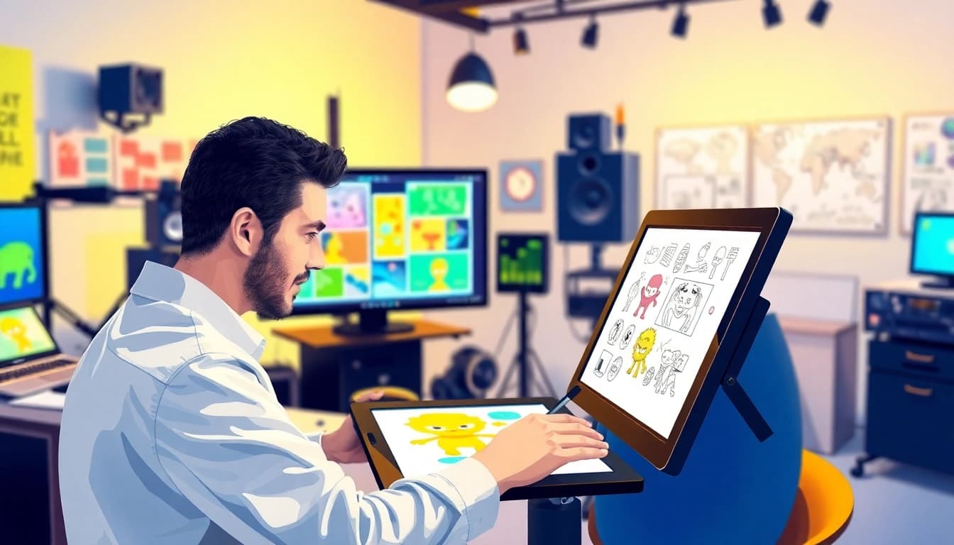 Animation Erstellen: Animator creating vibrant animations in a modern studio setting.